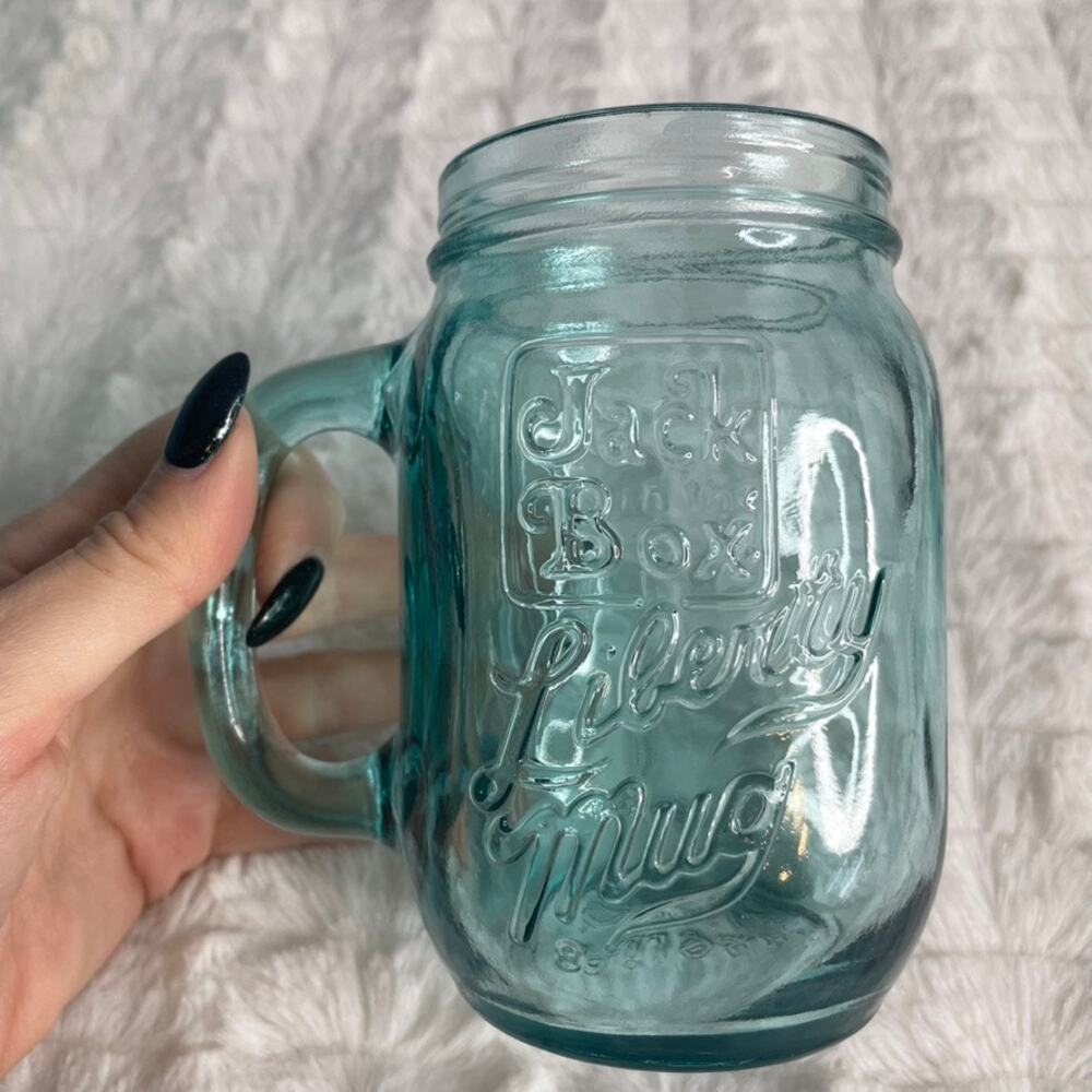 JACK IN THE BOX Vintage Blue Clear Drinking Mug Liberty Bell Mason Jar‎ 1976 70s